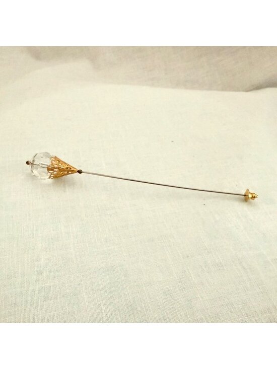 Vintage Glass Hat Pin Gold Tone Filigree Clear Faceted Bead Costume Accessory main image 4